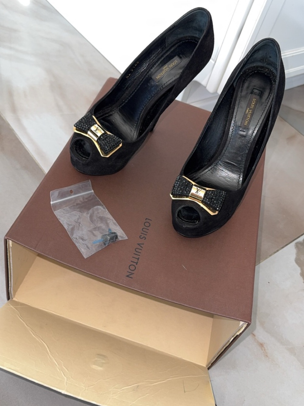 Louis Vuitton Peep-Toe Heels with Gold Bow
